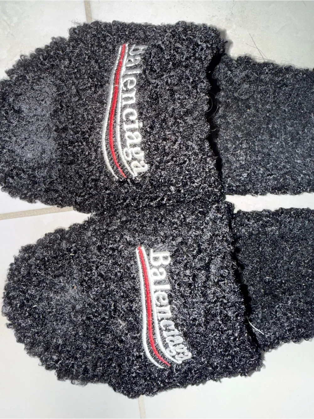 Balenciaga Black Faux-Shearling Logo Slide Slippers